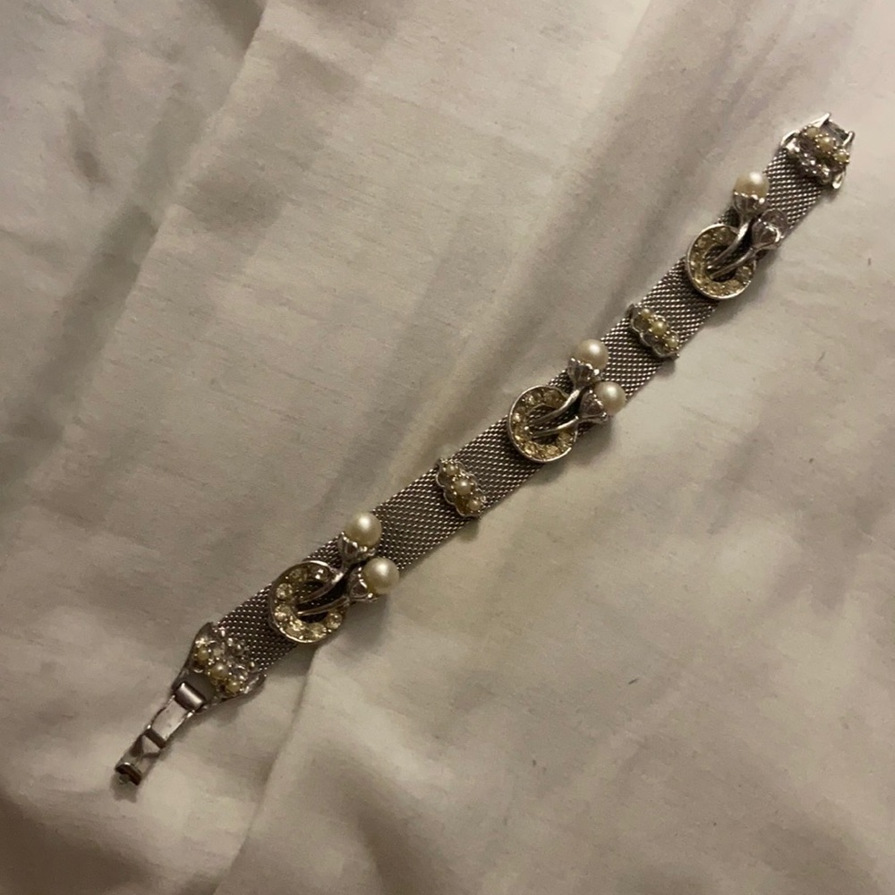 Vintage Bracelet, Link, Silver Alloy, Clear Paste Stones